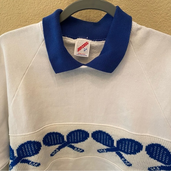 Vintage JERZEES White and Blue Tennis Print Collar Sweatshirt Size Large-Unisex - Picture 2 of 7